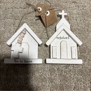 Mud Pie He Is Born & Rejoice Church Christmas Ornaments wood